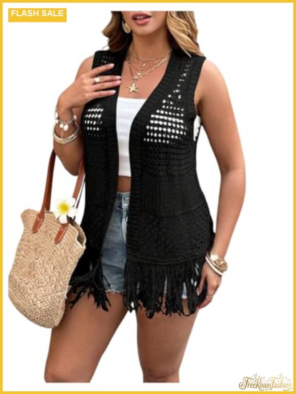 Plus Size Sleeveless Crochet Vest Boho Cardigan Hollow Out Fringe Hem Knit